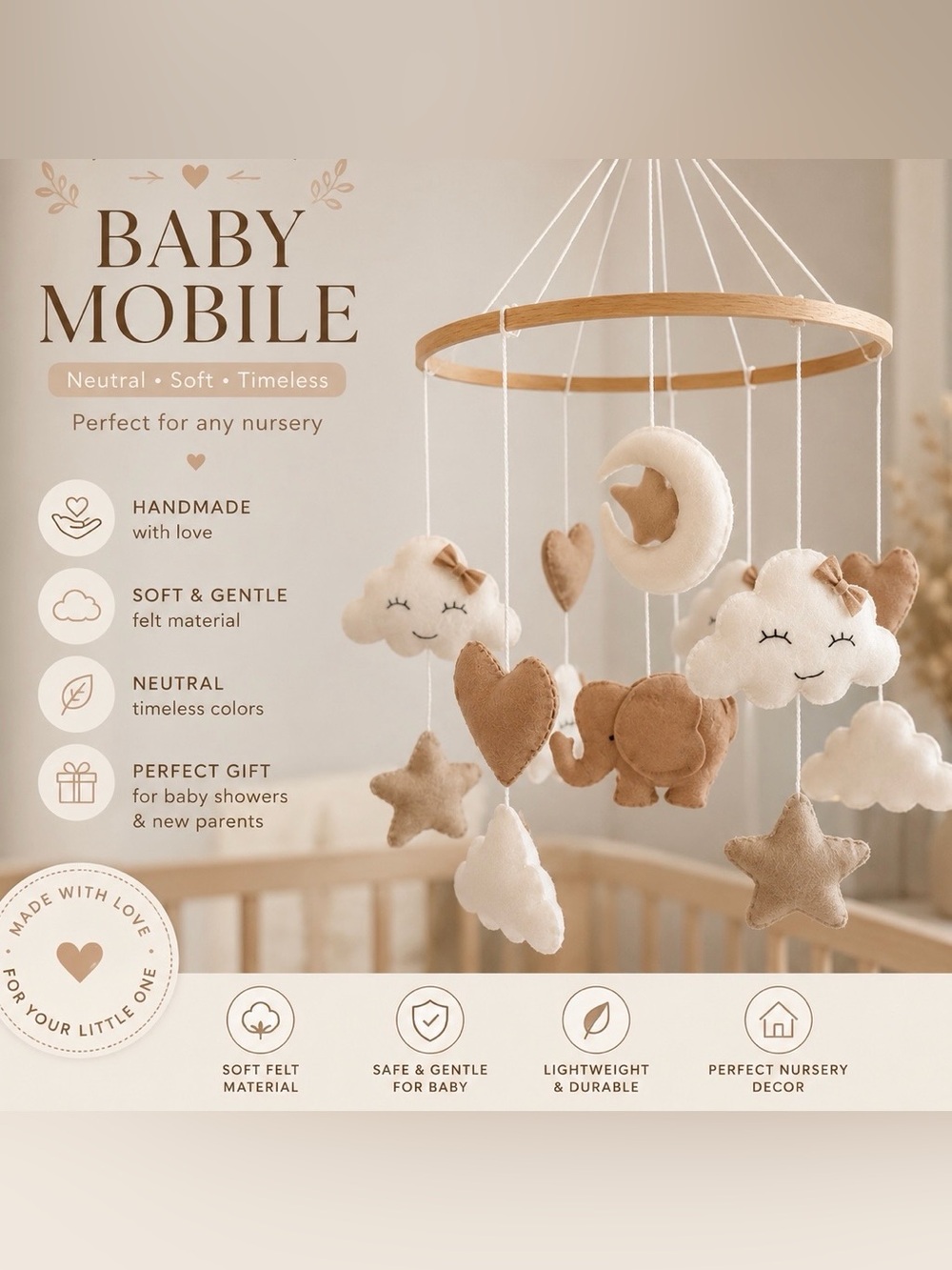 Neutral Cloud and Star Baby Mobile - baby shower gift - Picture 8 of 8